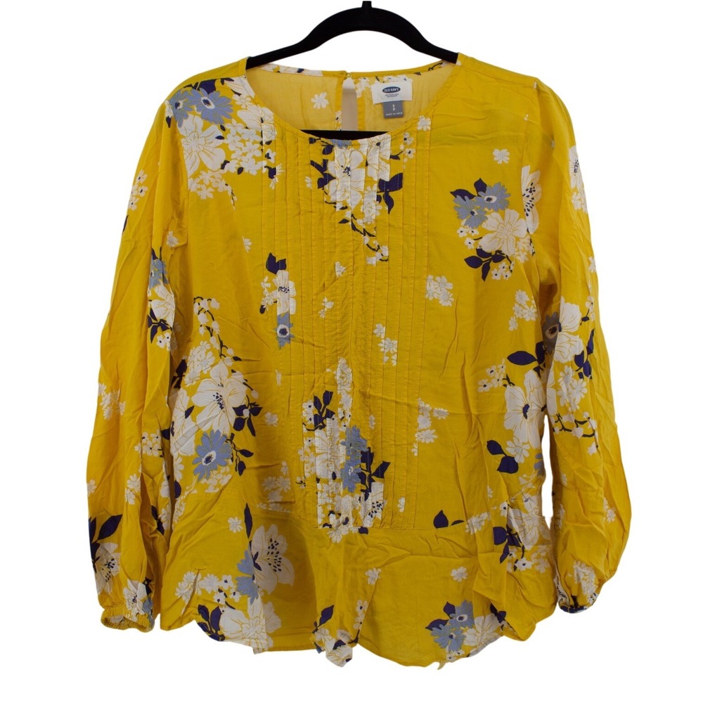 Old Navy Blouse Womens S P Butter Yellow Floral Pintuck Peplum Top Praire Boho